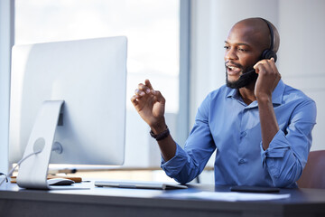 Poster - Black man, call center and phone consultation with web support and customer service in office. Computer help, contact us and telemarketing job of a African male employee with communication at work