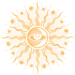 sun and eye esoteric occult pentagram, magic tarot sign. all-seeing eye, moon crescents, stars and r