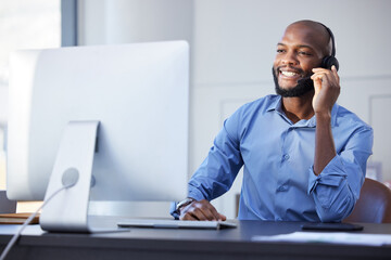 Poster - black man, call center talk and phone consultation with web support and customer service in office. 