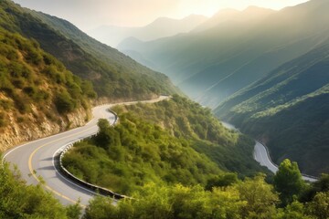 Poster - road winding through the mountains, with stunning scenery in every direction, created with generative ai