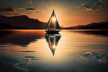 Wall Mural - sunset sailboat on crystal-clear lake, with water reflections and suns rays, created with generative ai