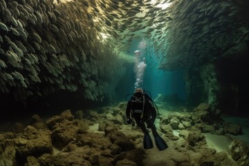 Sticker - diver exploring intricate maze of caves, with schools of fish swimming in the background, created with generative ai