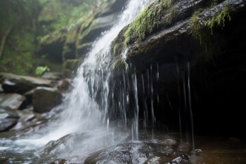 Canvas Print - close-up of a waterfall, with droplets of water falling onto the rock below, created with generative ai