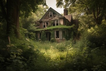 Poster - abandoned house with overgrown garden surrounded by trees and bushes, created with generative ai