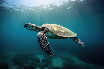 Poster - sea turtle swimming underwater, showing its graceful movements and unique anatomy, created with generative ai