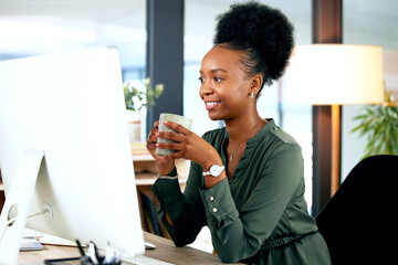 Wall Mural - Black woman at desk with smile, computer and coffee cup, African receptionist reading email or report online. Happy businesswoman in office, small business startup and hot drink at management agency.