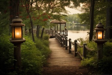 Poster - country scene with walkway and lanterns, leading to a serene lake, created with generative ai