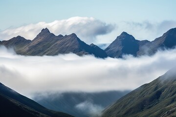 Canvas Print - majestic mountain range with misty clouds and sky above, created with generative ai