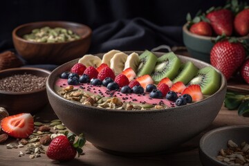 Wall Mural - smoothie bowl topped with fruits, nuts and seeds, created with generative ai