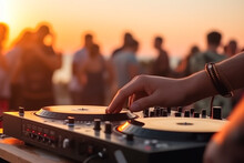 Dj Mixing Outdoor At Beach Party Festival With Crowd Of People At Sunset. Generative Ai