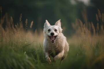 Wall Mural - portrait of happy dog running in green field, with its tongue out and ears flying, created with generative ai