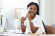 Young black woman at desk with computer, smile and pen, online research for small business administration. Happy face of African businesswoman in office planning schedule, proposal or startup report.