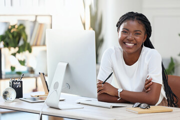 Poster - Portrait of black woman in office with computer, happiness and online research for small business administration. Happy African businesswoman at desk with smile planning schedule, proposal or report.