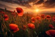 red poppies field at sunset. Generative AI