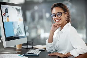 Woman smile at desk, computer screen with web design, portrait and website layout at digital marketing agency. Focus, happy female creative and working with technology, SEO and research at startup