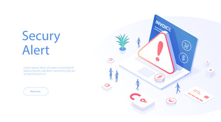 Poster - Security alert concept. System error. Laptop problem attention, exclamation mark. People next to the laptop solve the problem. Modern 3d isometric illustration.