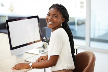 Canvas Print - Portrait, computer screen and business woman in startup career, creative mindset or planning in office. Happy face of african person for internship opportunity or marketing agency in desktop mockup