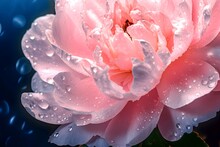 Close Up Of Pink Flower. Beautiful Transparent Drops Of Water Or Dew With Sun Glare On Petal Of Pink Peony Flower, Macro. Gentle Artistic Image Of Purity And Beauty Of Nature. Bright. Generative AI
