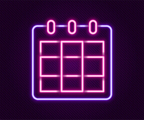 Poster - Glowing neon line Calendar icon isolated on black background. Event reminder symbol. Colorful outline concept. Vector