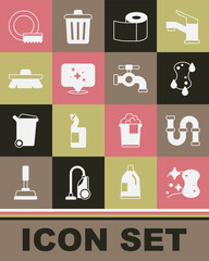 Canvas Print - Set Sponge, Industry metallic pipe, Toilet paper roll, Home cleaning service, Brush for, Washing dishes and Water tap icon. Vector