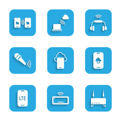 Poster - Set Cloud technology data, Computer keyboard, Router and wi-fi signal, LTE network, Wireless microphone, Smart headphones system and Data transfer storage icon. Vector