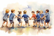 © Nataliya - A group of kids participating in a tug-of-war contest, watercolor style, independence Day Generative AI