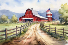 A Rural Farm With A Big Red Barn And American Flags Lining The Fence, Watercolor Style, Independence Day Generative AI