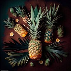  a composition of pineapple and large leaves is laid out on the sand. Generative AI.