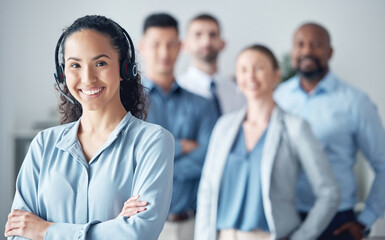Poster - Woman, callcenter and contact us, smile in portrait with leadership and communication, headset and mockup space. Customer service, CRM and help desk with happy female consultant and team leader