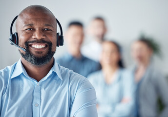 Wall Mural - Black man, callcenter and customer service, smile in portrait with leadership and communication, headset and mockup space. Contact us, CRM and help desk with happy male consultant and team leader