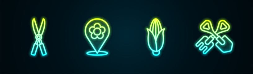 Canvas Print - Set line Gardening handmade scissors, Location with flower, Corn and Shovel rake. Glowing neon icon. Vector