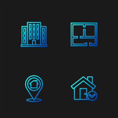 Sticker - Set line House with check mark, Location house, and plan. Gradient color icons. Vector