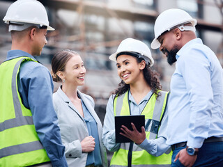 Poster - Architect, construction and group working on tablet, project blueprint or engineering planning for work site. People, teamwork and engineer with technology, strategy or idea for building contractor