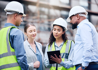 Poster - Building, construction and group with architect on tablet, project blueprint or engineering planning for work site. People, teamwork and engineer with technology, strategy or idea for contractor