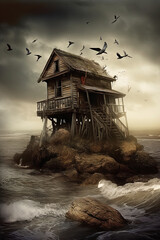 Poster - old house alone near ocean Generative AI