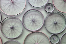Background Of Bicycle Wheels On The Wall.