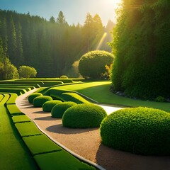 a garden with green flowers and green trees light around, hyper realistic, natural lighting, sun,