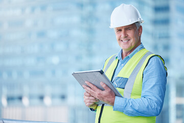 Poster - Portrait, engineer and man with a tablet, outdoor or construction with architecture, smile or website information. Face, mature male person or handyman with technology, project management or research