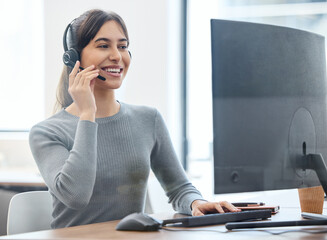 Poster - Consultant, woman with headset and on a computer at her desk in a workplace office. Telemarketing or customer service, crm or client support and online communication with female person at workspace