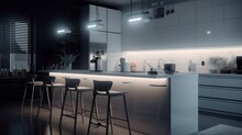 Modern Kitchen In A Minimalistic Scandi Style, White Smooth Finish, Long Bar With Bar Stools, Spectacular LED Lighting. Generative AI