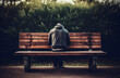 Depressed man sitting at a bench and looking down. Homeless person sitting in park, highlighting their vulnerability and isolation. Ai generated