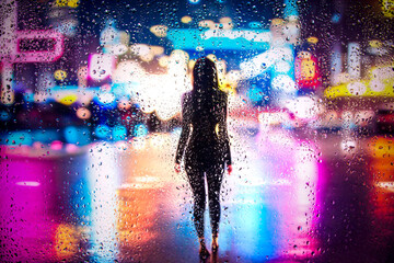 View through glass window with rain drops on blurred  silhouette of a girl on a city street after rain and colorful neon bokeh city lights, night street scene. Focus on raindrops on glass