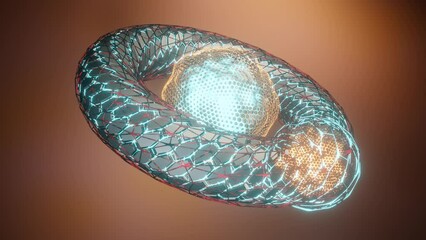 Poster - Loop abstract 3d animation of a futuristic torus, mesh rings and hexagonal polygons. Glowing rings and fog surround the abstract fantastic figure. Futuristic abstraction.