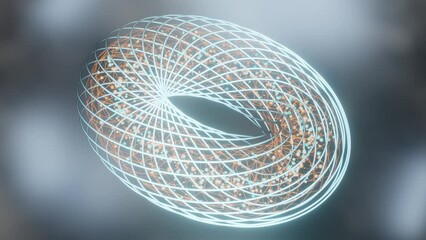Poster - Loop 3d animation of an abstract glowing torus from a multitude of glowing spiral threads. Geometric abstraction, futuristic design, desktop background.