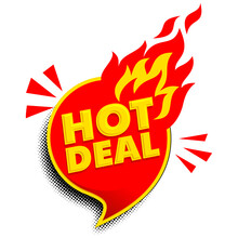 Hot Deal Promotion Sticker. Flat Fire Banner, Price Tag, Hot Deal, Sale, Offer, Price. Vector On Transparent Background