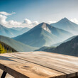 Selective focus, Wood table top on soft focus peak of mountain background. For montage product display. generative ai.