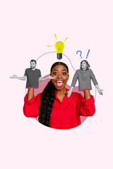 Poster - Vertical 3d artwork image collage caricature of positive surprised lady hold miniature doll rejoice know brilliant idea excellent answer