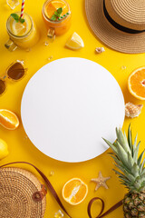 Wall Mural - Embrace the summer vibes with delicious cocktail drinks. Top vertical view flat lay includes a bag, sunhat, pineapple, cocktails, and citrus fruit on a bright yellow background, with a blank circle