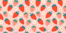 Strawberry And Flowers Hand Drawn Seamless Pattern. Cute Summer Background For Fabrics, Decorative Paper. Textile Print For Kids. Vector Cartoon Illustration.