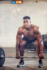 Canvas Print - Black man, fitness and bodybuilder weightlifting for workout, exercise or training at the gym. African male person or muscular bodybuilding lifting barbell for strength sports or intense exercising